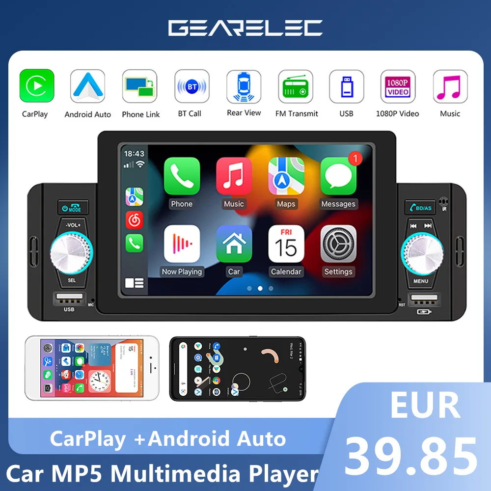 1 Din CarPlay Radio Car Stereo Bluetooth MP5 Player Android-Auto Hands Free TF USB FM Receiver Audio System Head For VW Toyota