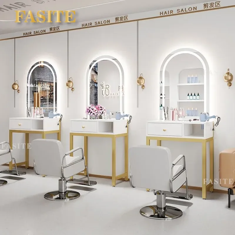 For Barber Shop LED Mirror Table Integrated Tool Cabinet Beauty Wall Mounted Vanity with Light No Drilling Storage