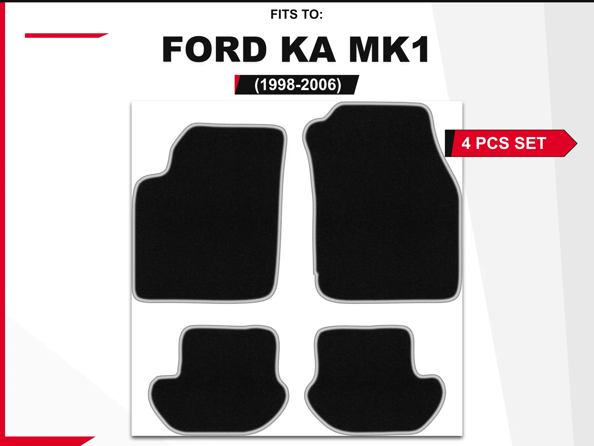 Velourstapijten voor: Ford Ka MK1 1998-2006 hatchback zwart en zilver bijpassende set autovloerbedekkingen