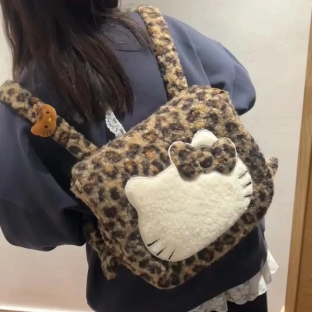 

New Hello Kitty Lamb Plush Backpack Large Capacity Autumn Winter Leopard Print Tote Commuter Shoulder Bag For Women Girl Mochila