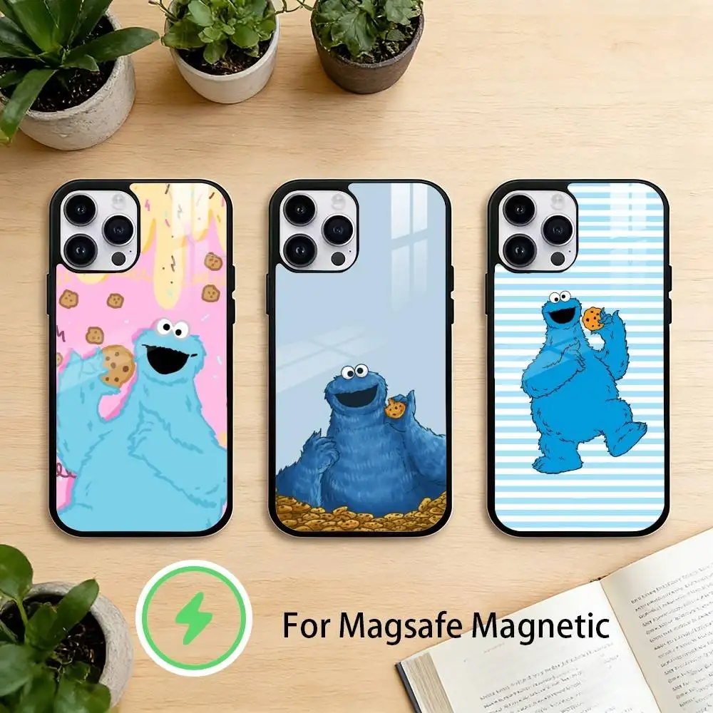 Забавный чехол C-Cookie-Monster-R для iPhone 17 16 15 14 13 12 Pro Max Plus с зеркальной беспроводной магнитной крышкой