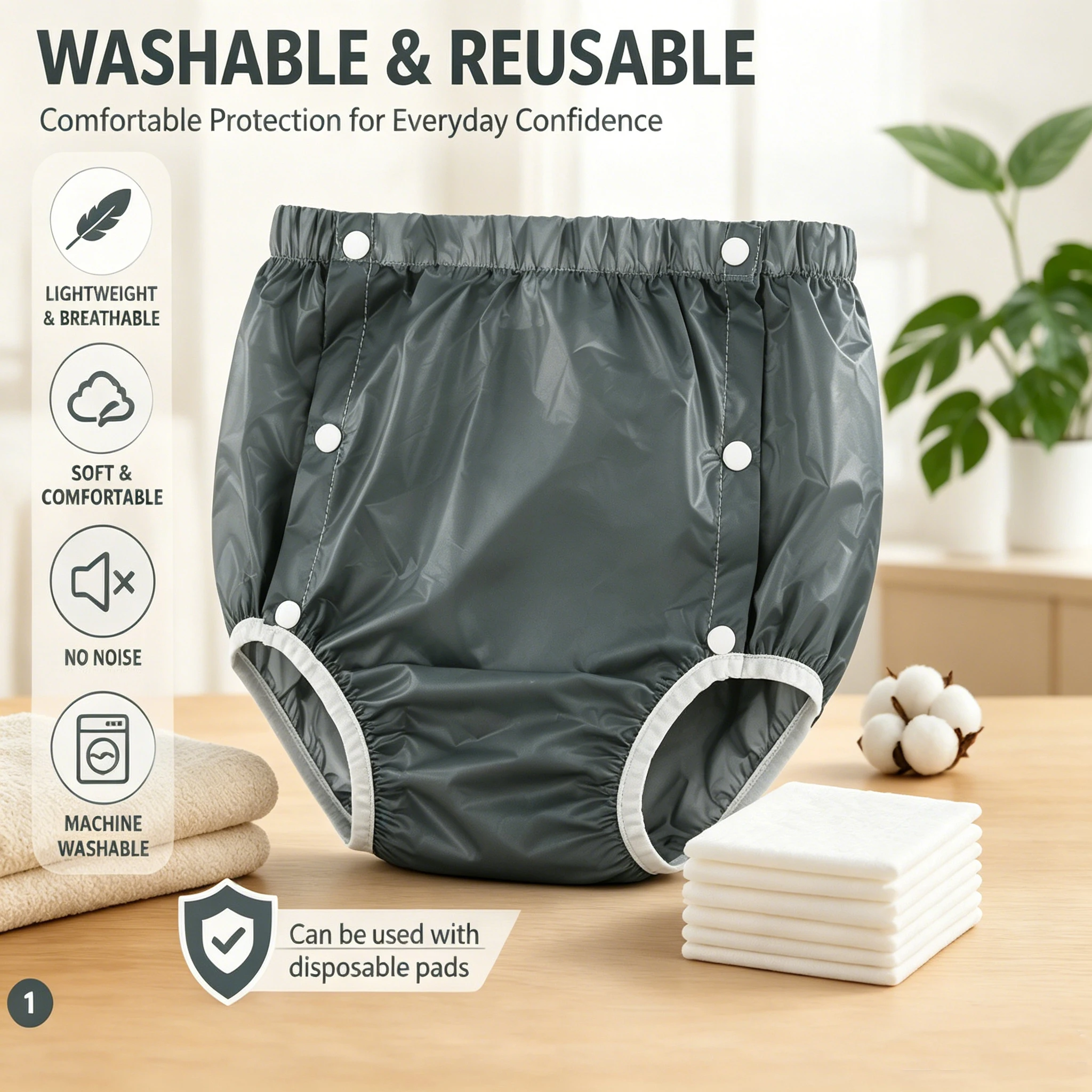 Washable Reusable Protective Shorts Matte Gray & Transparent Two Styles Ultra Soft Breathable Lightweight TPU Fabric Snap Button