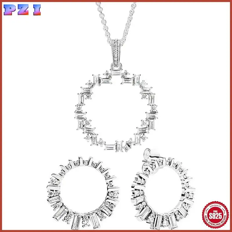 

Authentic 925 Sterling Silver Glacial Beauty Earring Necklace With Crystal Fit Europe Bracelet Jewelry Set Gift