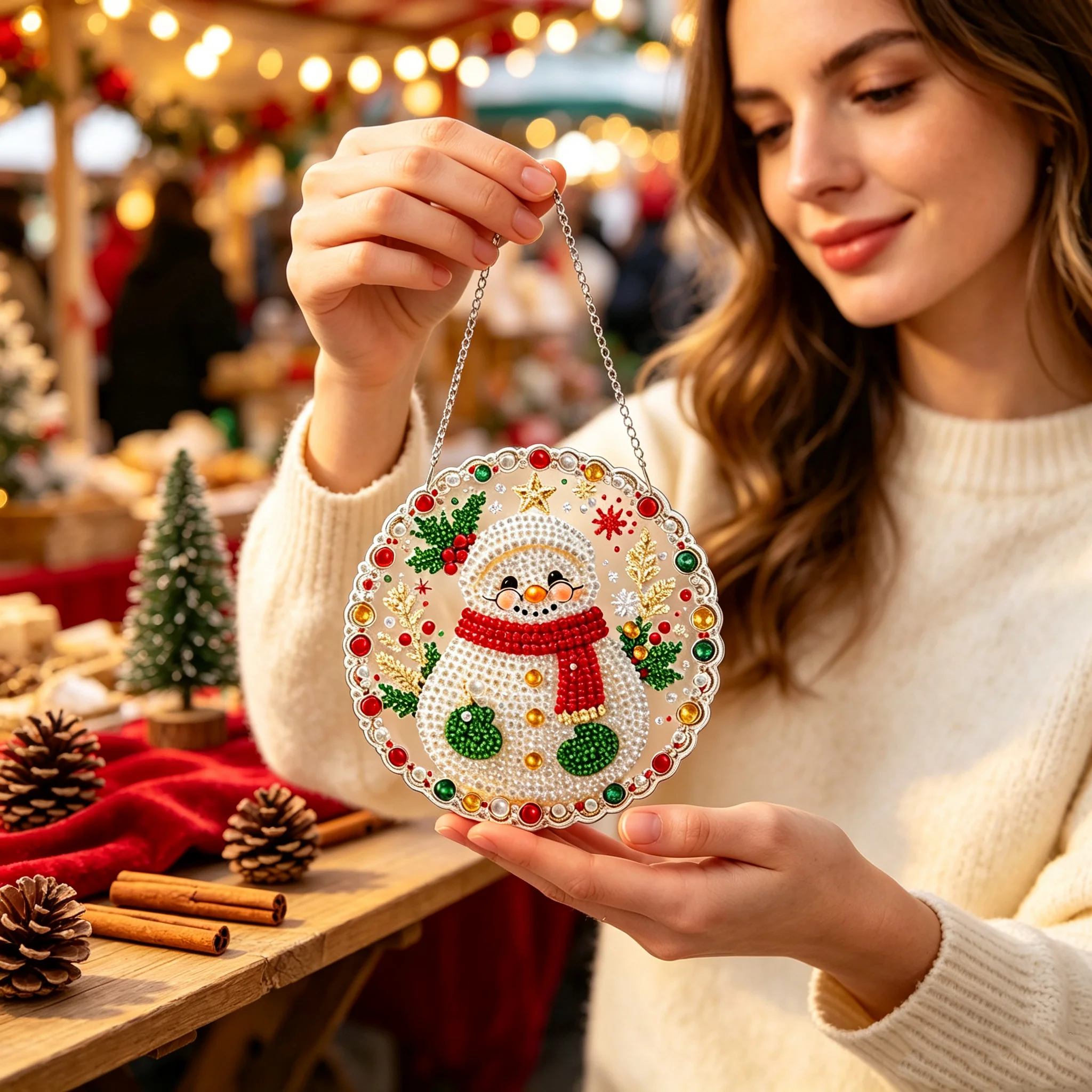 DIY Weihnachts-Perlen-Diamant-Malerei-Anhänger, runde Acrylplatte, 2D flache Perlen-Bastelarbeiten, Feiertags-Fenster- und Wanddekoration – Detail 9