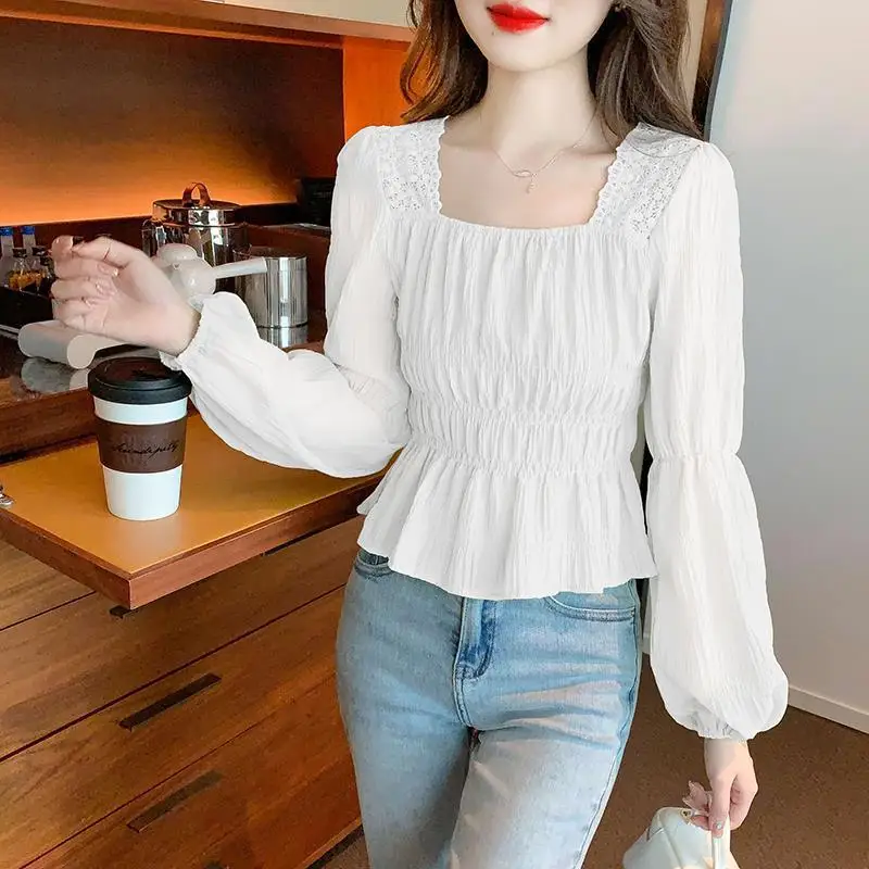 Women\'s Spring Fashion Solid Color Simplicity Pleated Square Collar Long Sleeve Shirts Women Clothes Elegant All-match Slim Tops