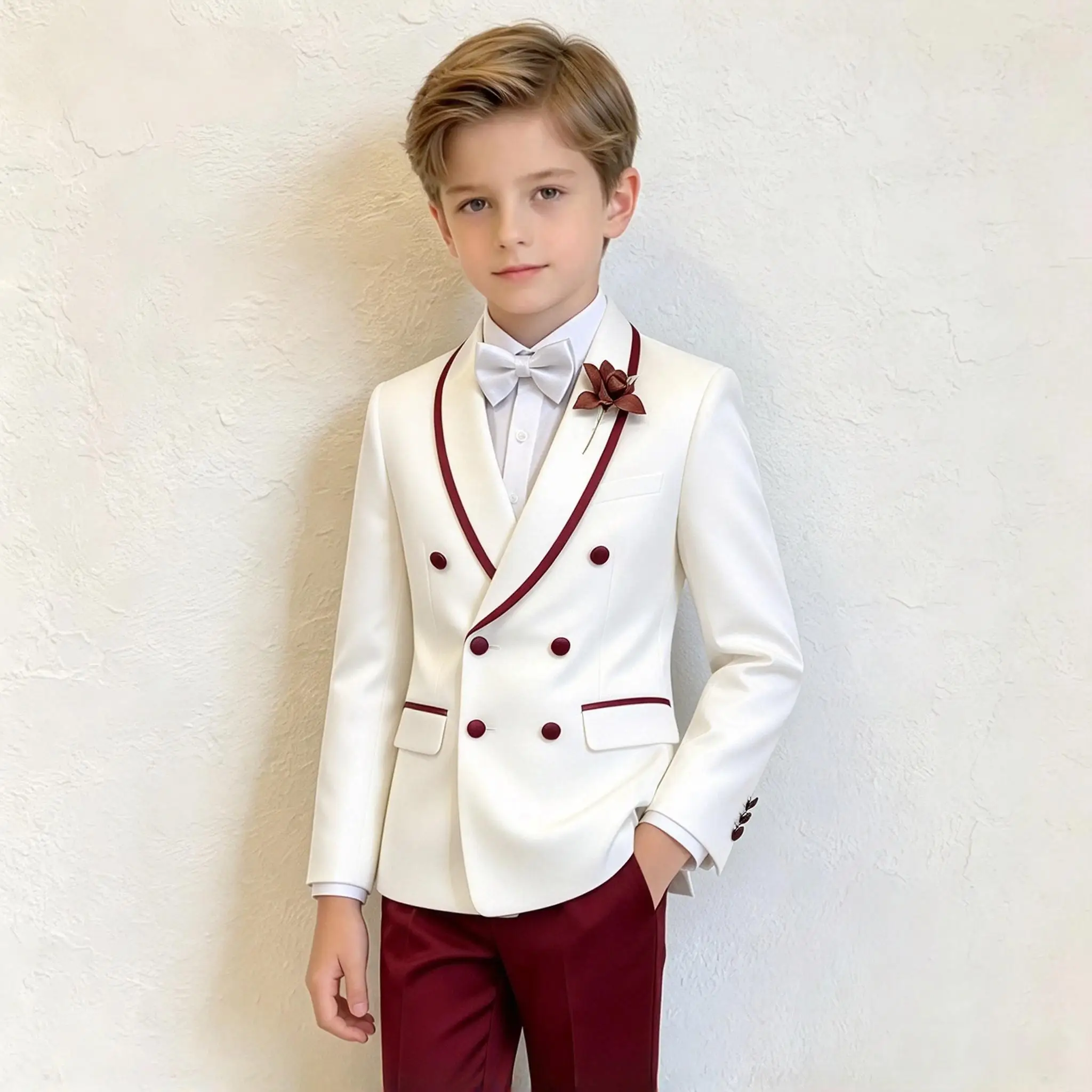 Handsome White Double Breasted Formal Boys Suit Set Shawl Lapel Wedding Birthday Party Tuxedo Costume Kids Blazer Pants Clothes