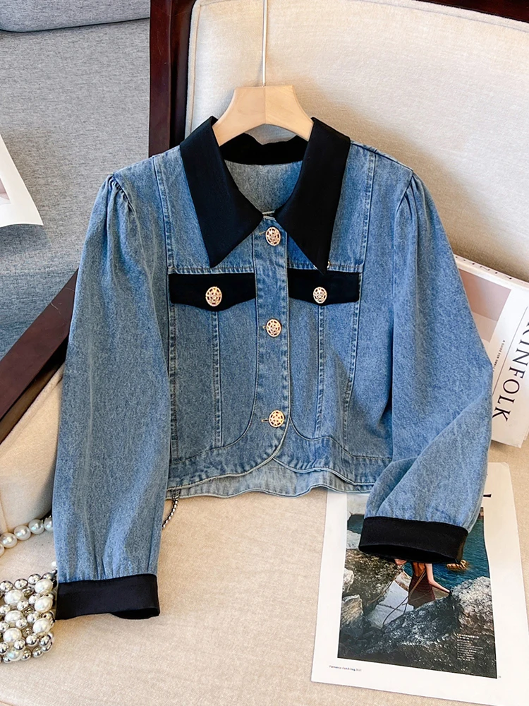 

Vintage Splicing Short Denim Jacket Women Spring/Summer Large Size Fashion Versatile Coat Turn-down Collar Single Breasted Top