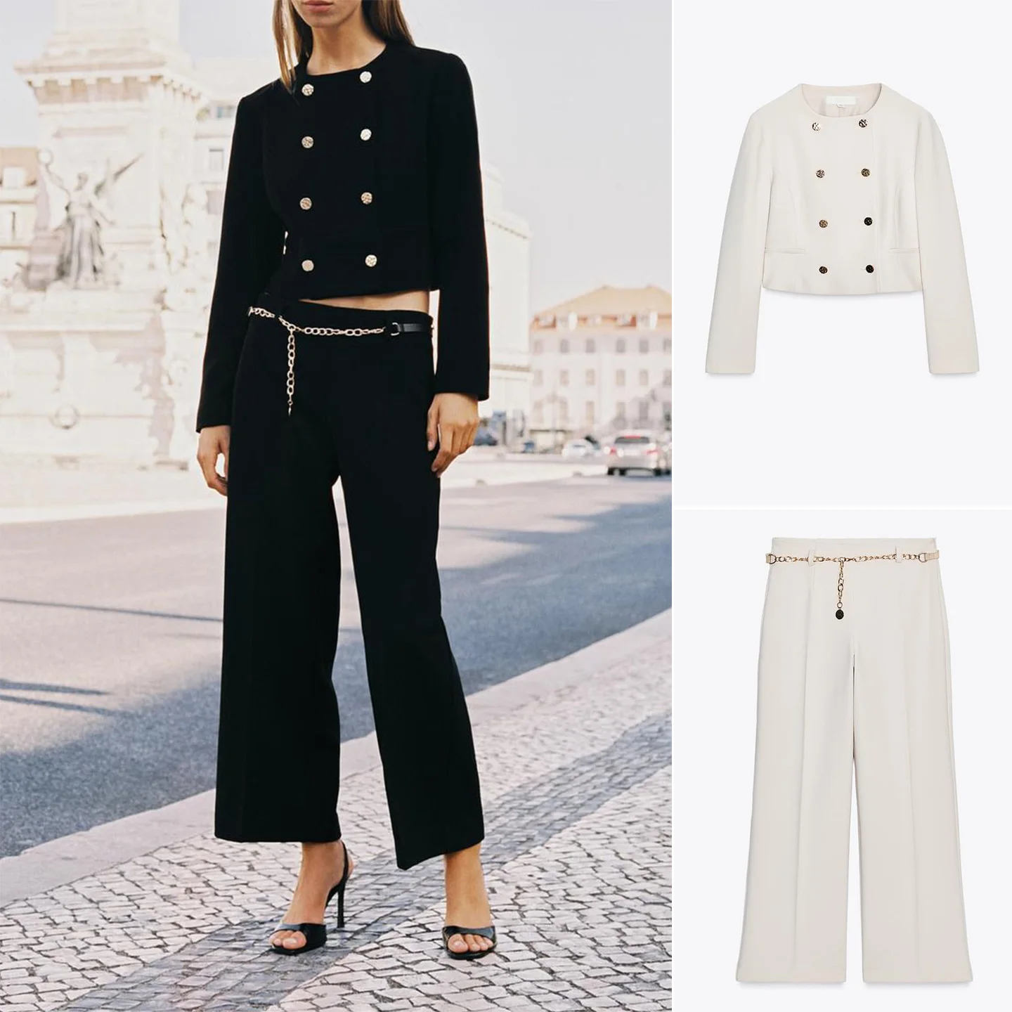 

Casual Sle Women's Suit Coat with Chain Waist Belt High Waist Straight Leg Pants Knot Detail Office Wear ort Le...