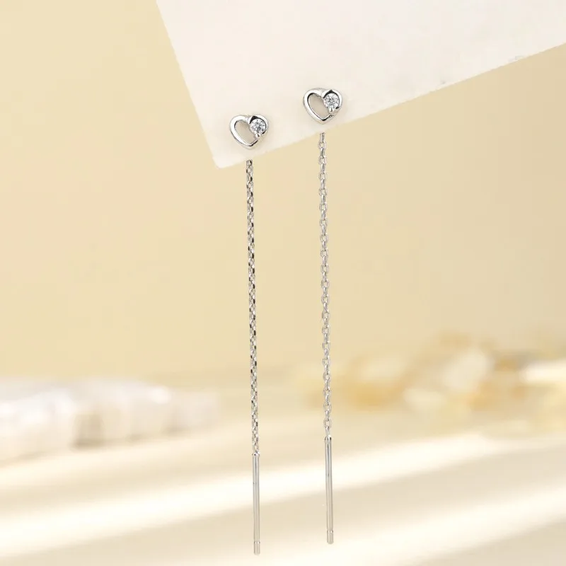 

925 Sterling Silver Love Zircon Hollowed Out Heart Tassel Drop Earring for Women Fine Jewelry High Luxury Vintage Accessories