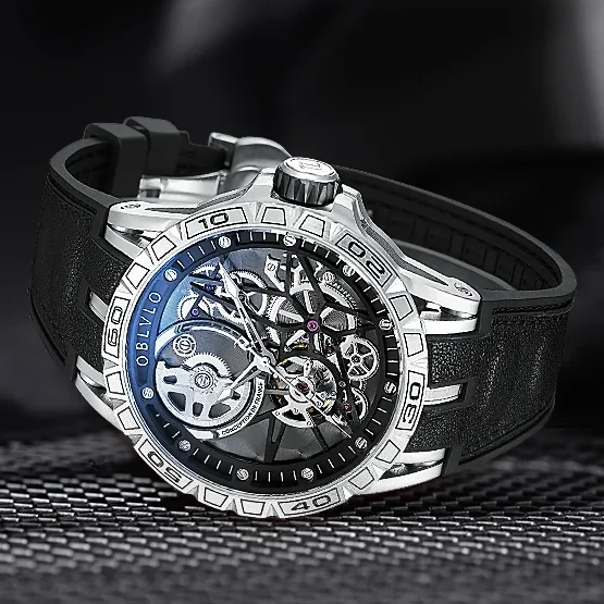 

OBLVLO Men Automatic Watch 47mm Mechanical Wristwatch Skeleton Dial 50M Waterproof Sapphire Mirror Rubber Strap Relogio LM