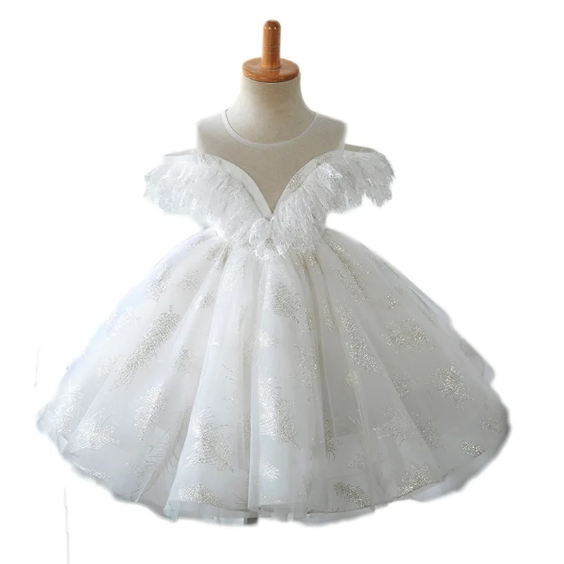 Kids Princess Dresses for Girls Children Feather Sequined Ball Gowns Toddler Birthday Wedding Frocks Baby Baptism Boutique Dress