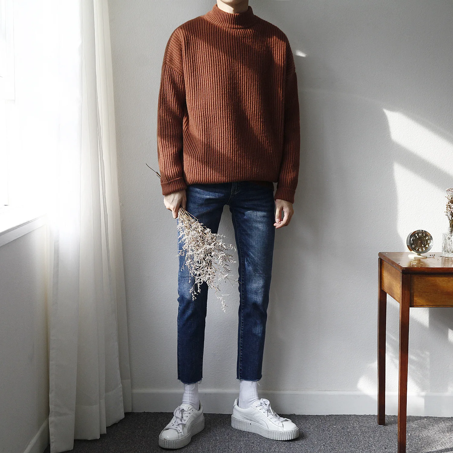 Trendy Blue Slim-fitting Small-footed Burrs, Fashionable Personalized Pencil Pants, Men's Tight-fitting Edged Nine-point Pants
