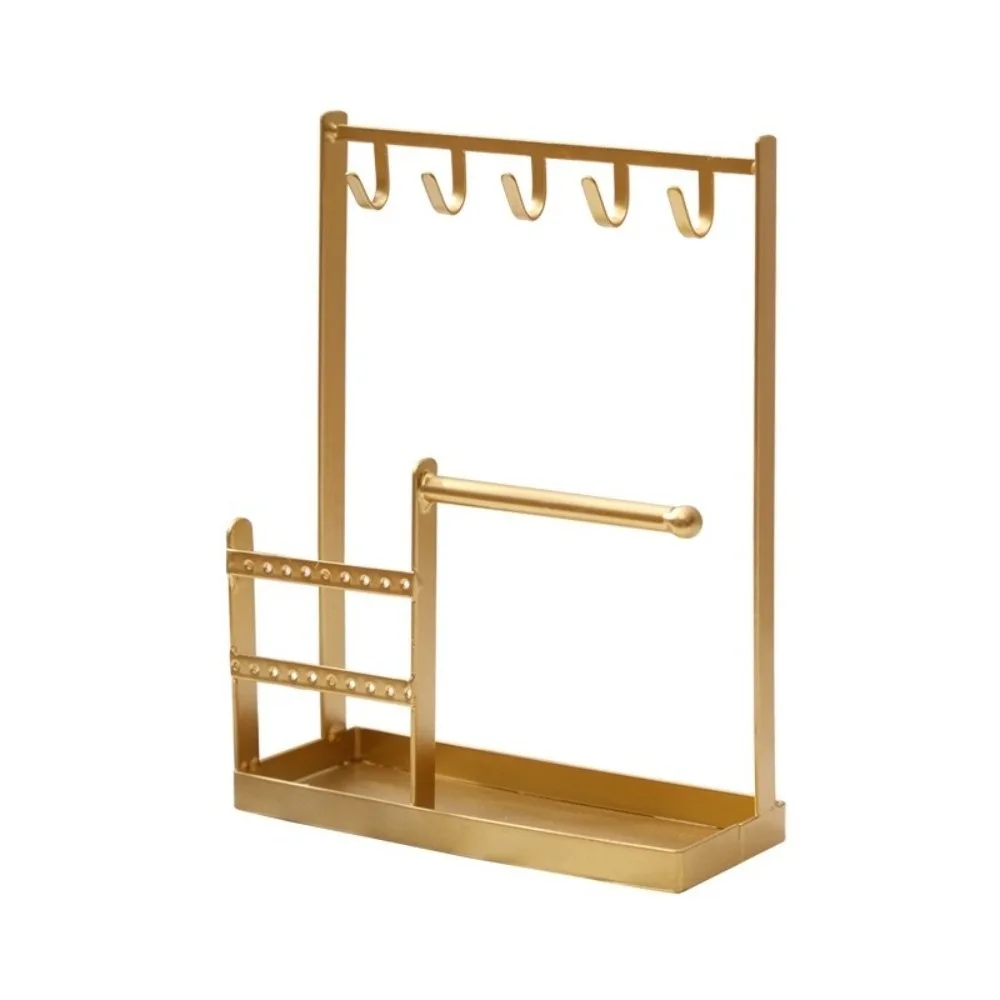 

Metal Jewelry Display Rack Multifunctional Hanging Hook Earrings Display Stand Desktop Organizer with Tray Dish