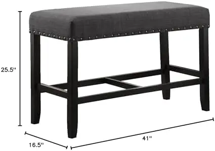 Fabric Counter Height Dining Bench with Nailhead Trim in Grey, Modern Kitchen Bar Stool for Small Spaces, Comfortable