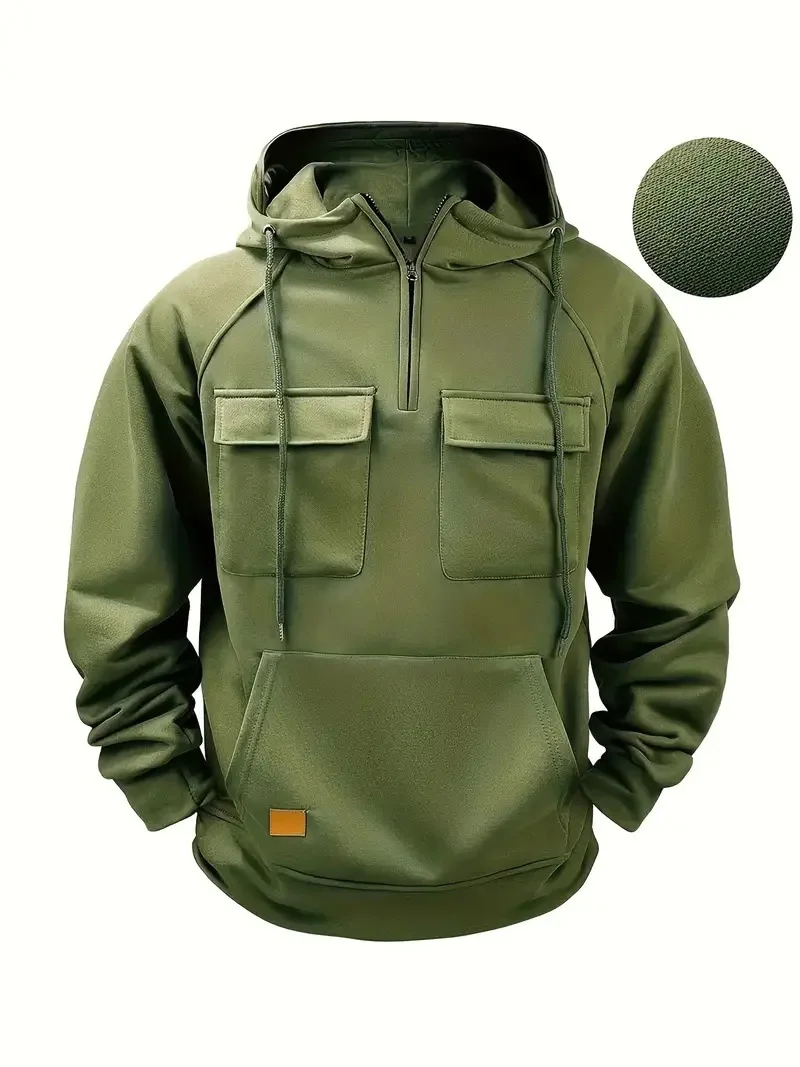 New Autumn Winter Men's Hooded Solid Hoodies Jackets Multi Pockets Male Zipper Sweatshirts Sports Outdoor Casual Hoodie Coat