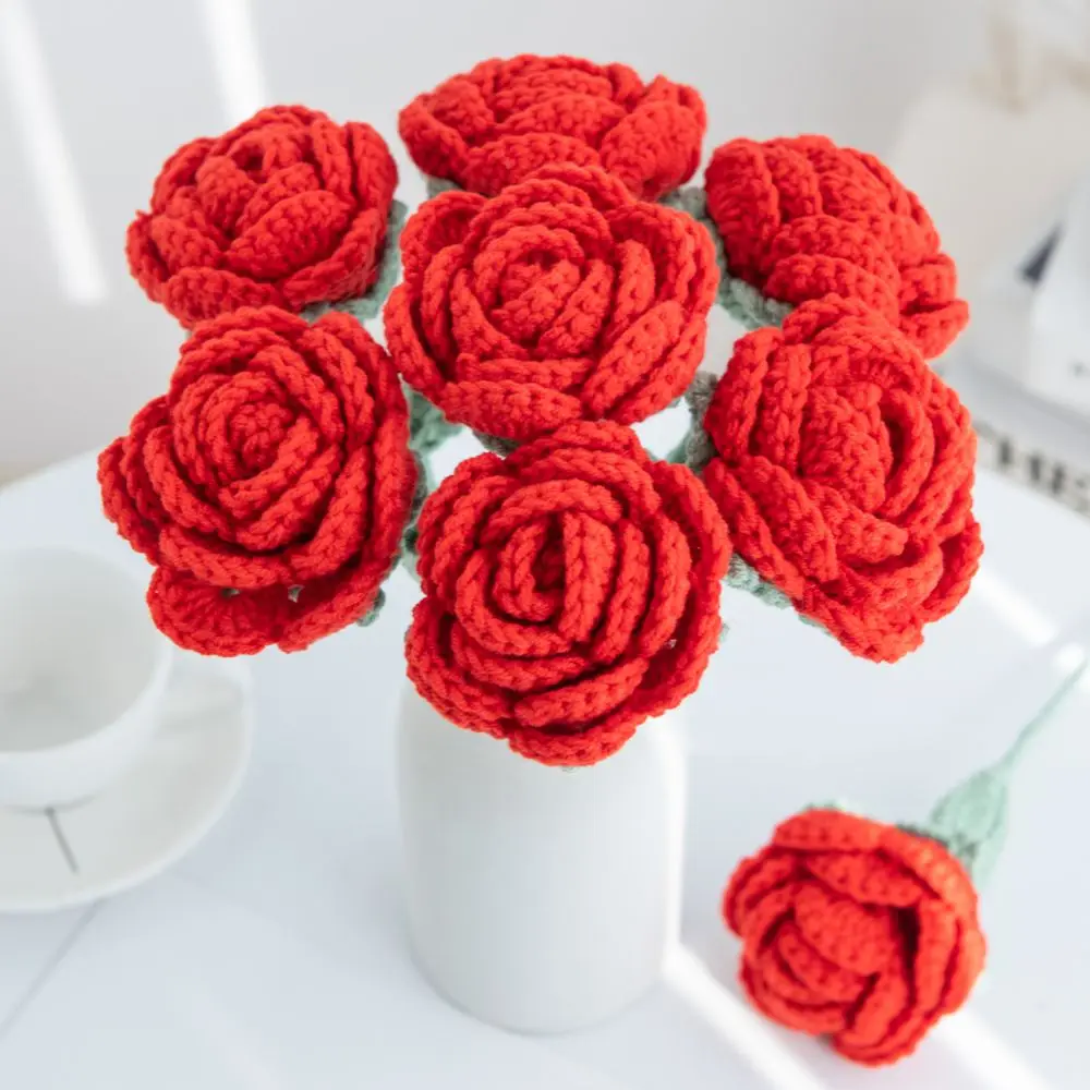 

Artificial Handmade crochet yarn Rose Flower Hotsale Outdoor garden Wedding bridal bouquet Christmas Home vase Festival Diy gift