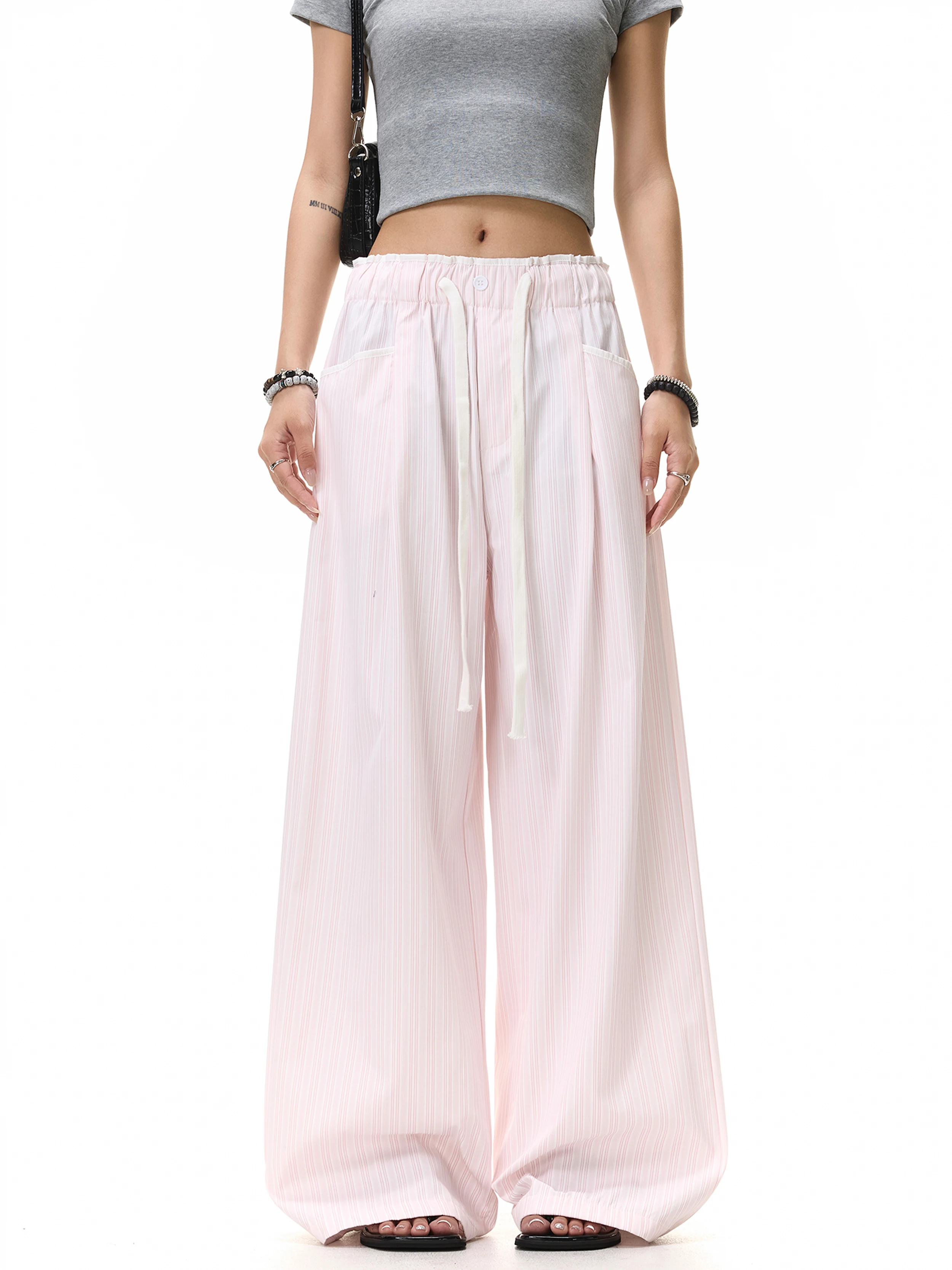 American Lazy Color Block Striped Elastic Waist Casual Pants Summer Thin Loose Wide Leg Straight Cut Versatile Lyocell Long T...