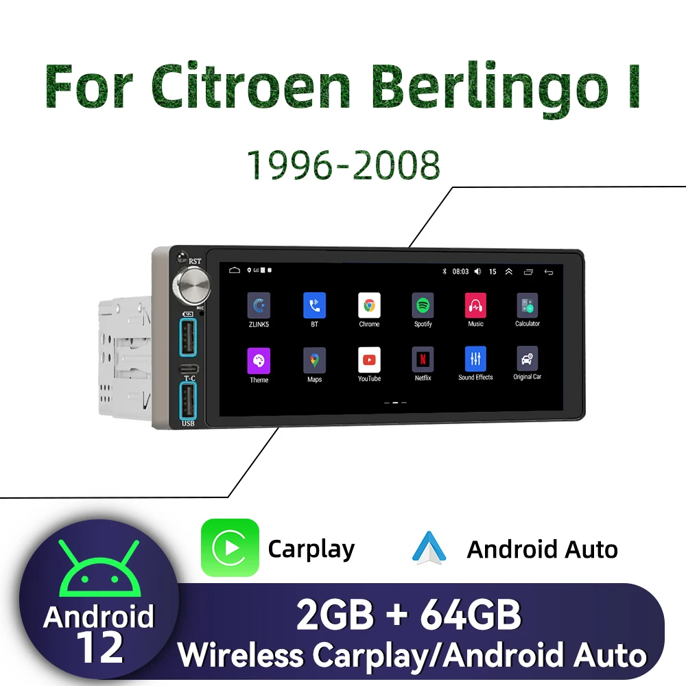 

Carplay 6.86" Screen Multimedia 1 Din Android Car Radio for Citroen Berlingo I 1996-2008 Head Unit Autoradio Stereo GPS BT WIFI