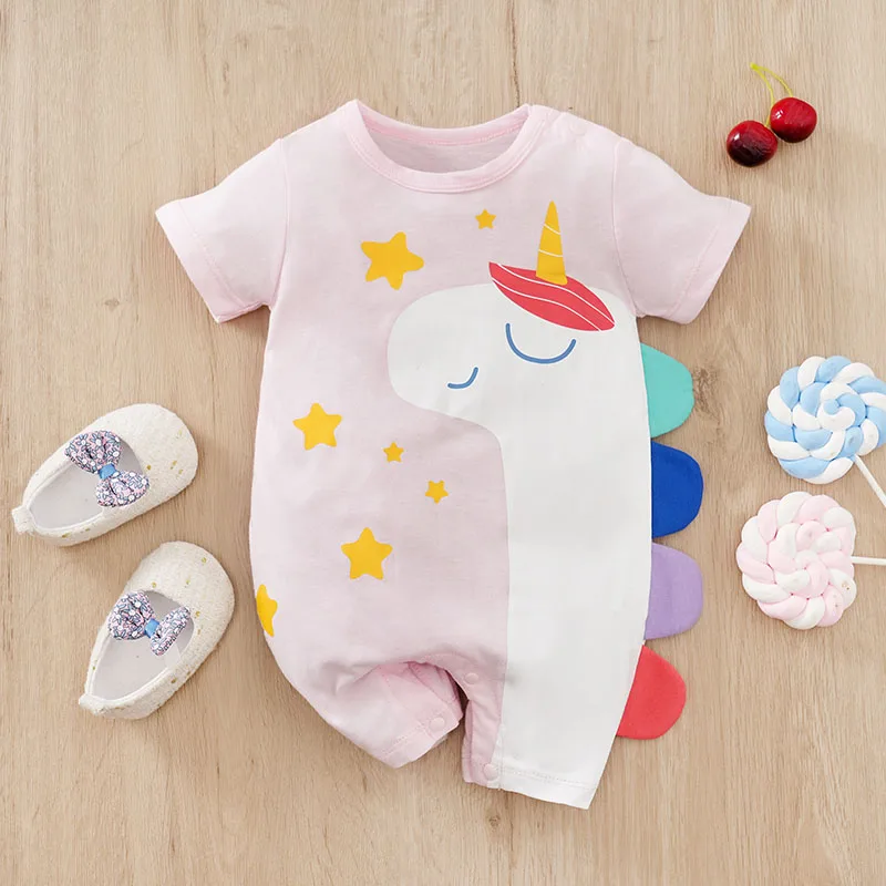 Newborn Baby Girl Clothes Pink unicorn print girl Comfortable summer short sleeve O-Neck Outfit for Toddler Girl 0-18 Months