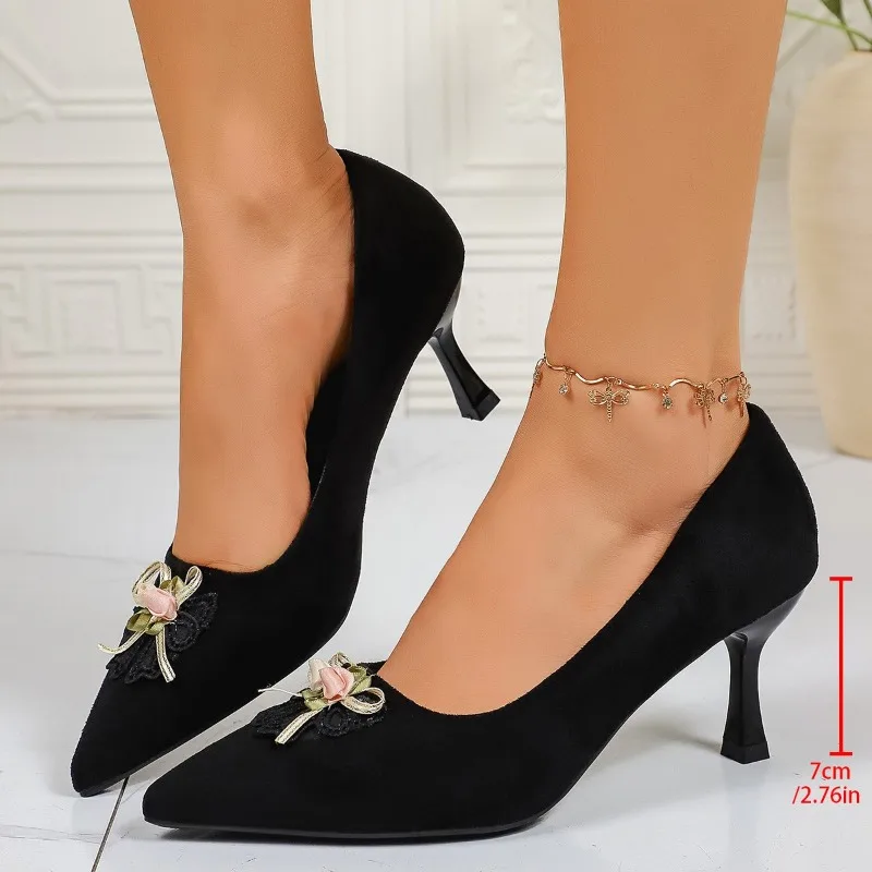 

Bow Slip-On High-Heeled Single Shoes Women's Pointed Toe Shallow Suede Non-Slip Stiletto