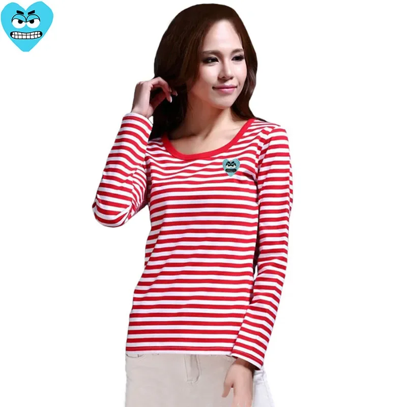 Break Egg Women Stripe T-shirt Cartoon Cute Snag Heart Embroidery Cotton O-Neck Long Sleeve Straight Spring Autumn T-Shirt