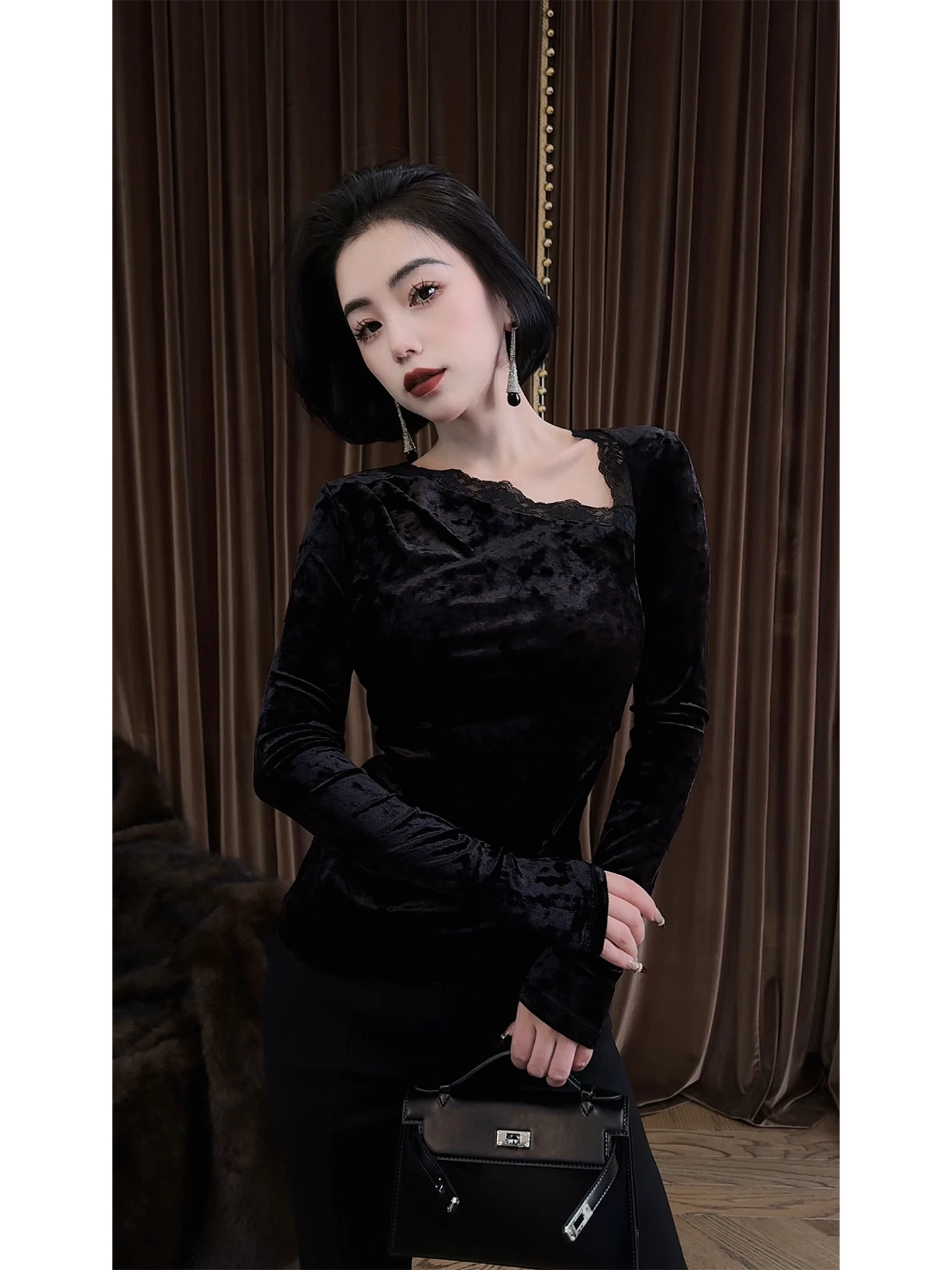 

LYXJ Женская бархатная длинная основа Sve irt Slim Fit, внутренняя одежда Ele Sle, дизайн с высокой талией, полиэстер, эластичное волокно