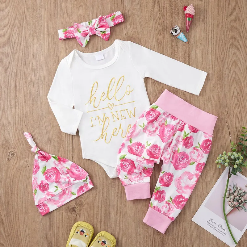 

Baywell Spring Toddler Girls Letter Romper + Flower Pants + Cap + Headband 0-12 Month Newborn Baby Girl Outfits Sets 4 pcs