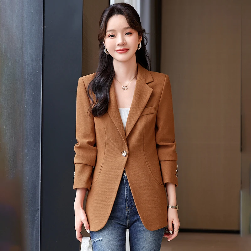 Setelan wanita lengan panjang, setelan atasan kantor wanita profesional satu kancing, jaket jas musim semi musim gugur Slim-fit