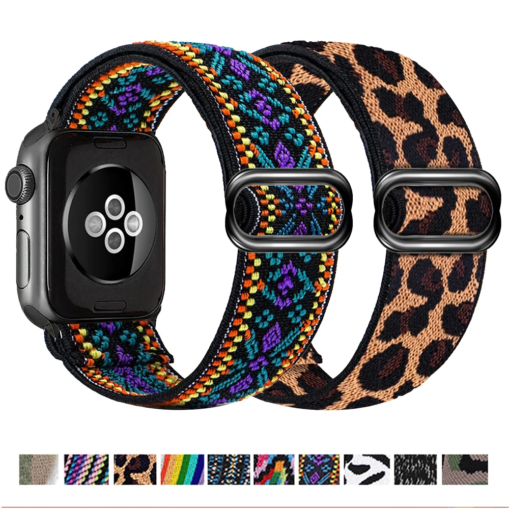 Aztec Style Colorful Stretchy Nylon Watch band Table Annex Replacement Strap Elastics Wristbelt For Apple Watch SE 6 5 4 3 2