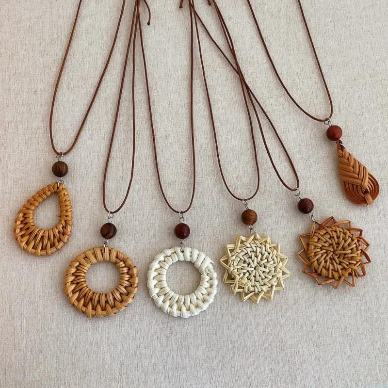 Bohemian Rattan Teardrop Pendant Necklace with Wood Beads