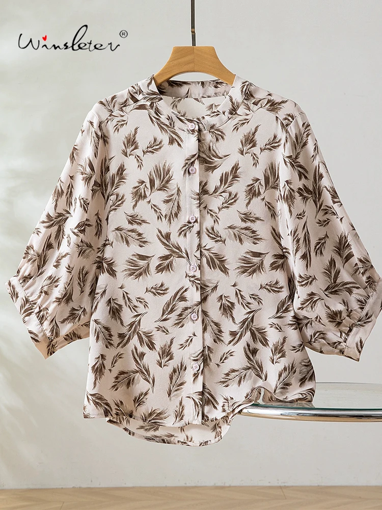 

Winsleter-100% элегантная рубашка из натурального шелка, женская рубашка с рукавами-стойкой 3/4, универсальная повседневная свободная блузка в стиле ретро, осень 2023, T58211CC