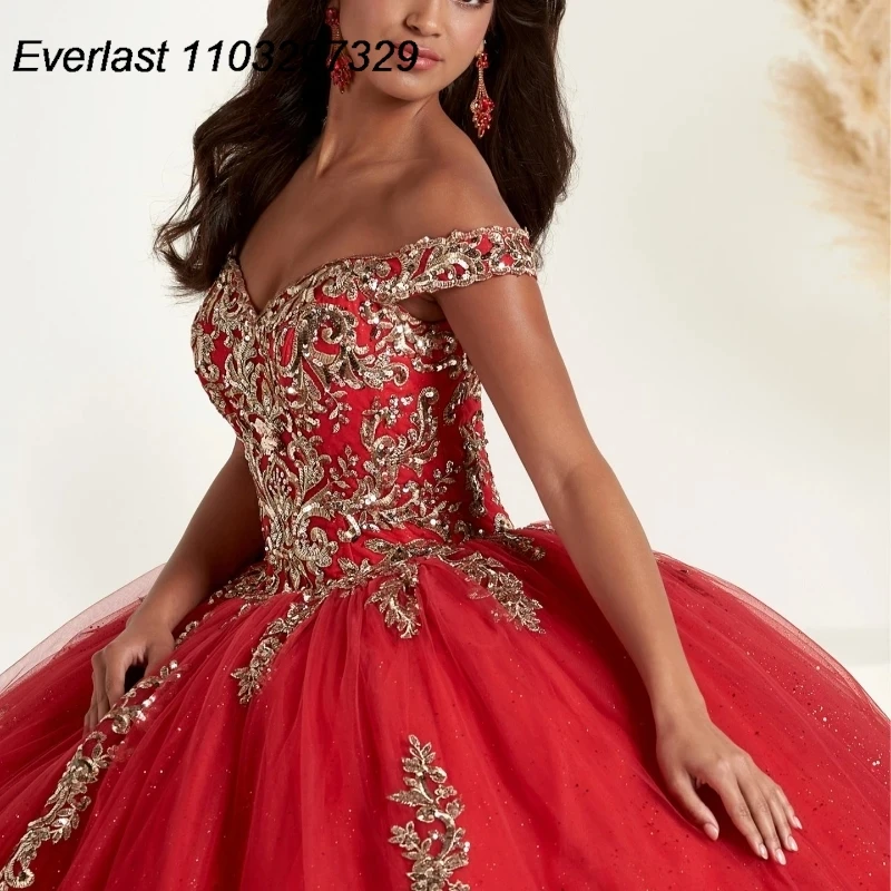 EVLAST-vestido De quinceañera rojo, traje De baile con apliques De encaje dorado, corsé con cuentas, vestido mexicano dulce 16, 15 Años, TQD846, 2024