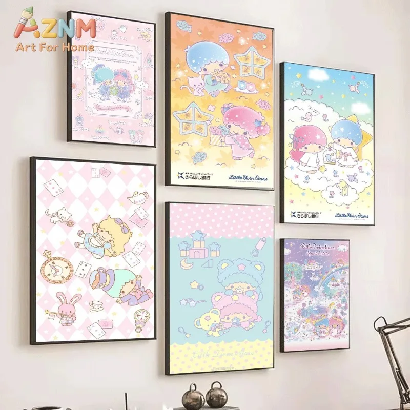 Little Twin Stars Canvas Wall Art Sanrio Kawaii Cartoon Poster Unframed Canvas Painting For Girls Bedroom Cute Wall Decor Kids