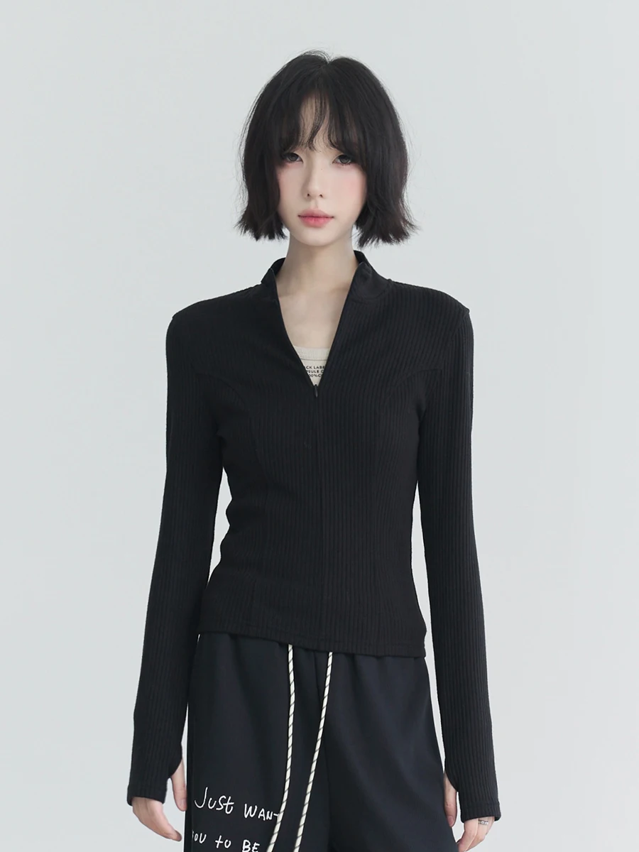 

Универсальный музей авитации на молнии с открытым воротником, длинный све, вязаный женский топ на весну и осень, облегающий топ High Ne