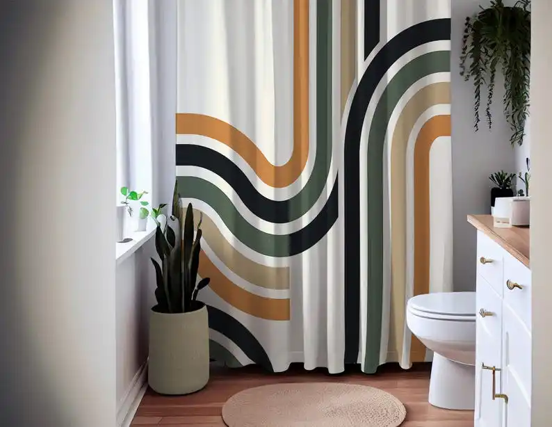 Retro Modern Lines Shower Curtain, Abstract Earth Tone Bathroom Decor, Mid Century Minimalist Graphic Style