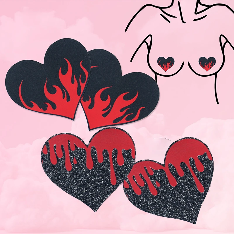 10 أزواج غطاء الحلمة أسود أحمر النار الدم طباعة شكل قلب الساتان Gleit المتاح تنفس الشريط تراكب الصدرية الحلمة ملصقات