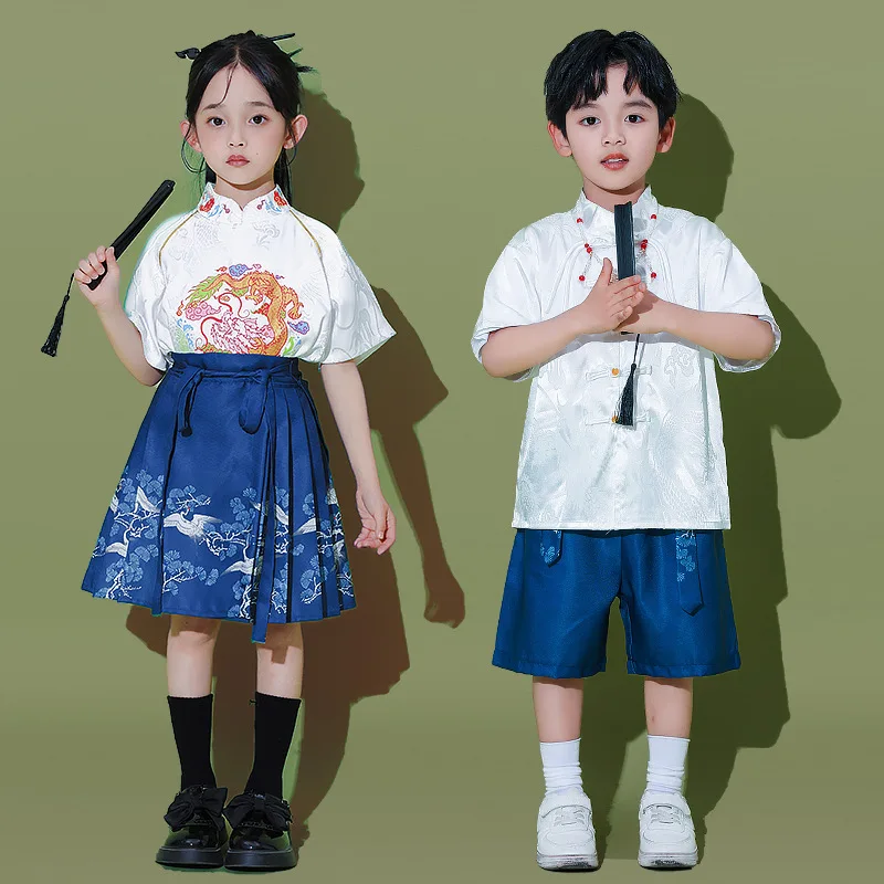 Coro infantil Hanfu Performance Roupas, Meninos e Meninas Roupas de Palco, Meninas Vestido de Cara de Cavalo, Conjunto Parent Child