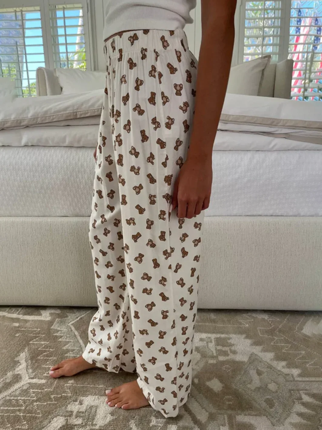 Women Little Bears Print Loose Long Pants 2024 Summer Ladies High Waist Casual Straight Pant Cute Female Sweet Cotton Trousers