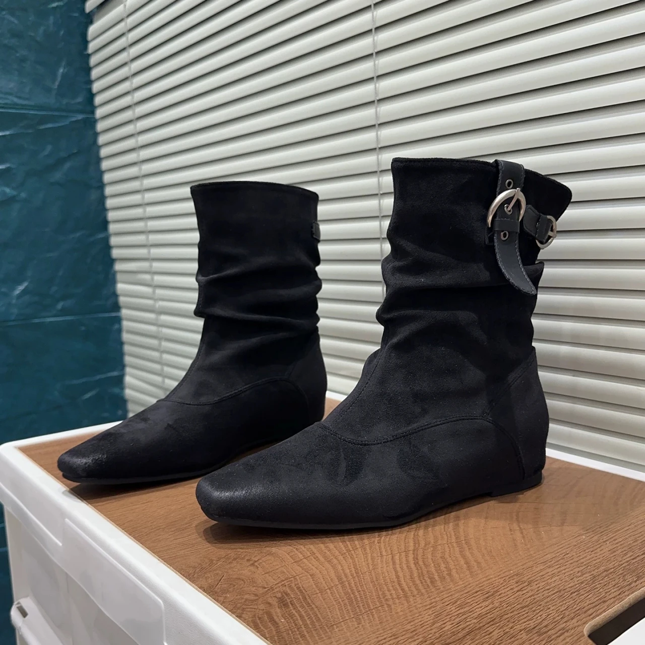 Women Vintage Distressed Faux Suede Slouch Mid Calf Boots Buckle Strap Square Toe Wedge Heel Non Slip Casual Fall Winter Shoes