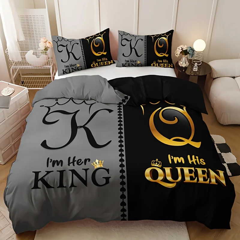 Duvet Cover Set  King Queen Crown 1 Duvet Cover 2 Pillow Shams Breathable Fabric All-Season Bedroom Accessory 3pcs Bedding Set