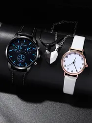 4pcs Fashion Versatile Creative Personalized Men and Women Couple Watch Quartz Watch with Love Pendant Necklace Combination Set