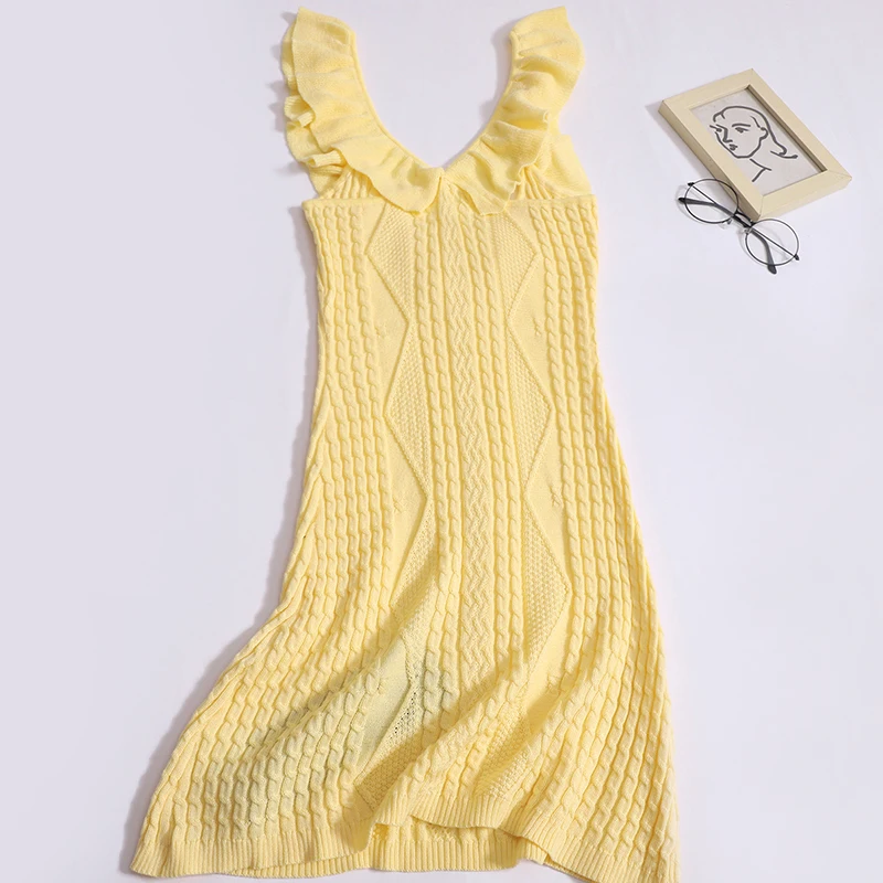 Kimotimo Sweet Knitted Dress Women 2024 Summer Temperament Ruffled One Shoulder Slim Fit A-line Twisted Sweater Midi Dresses Ins