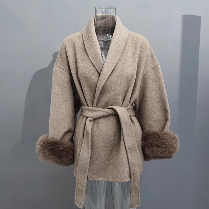 [EWQ] Flip Collar Fox Fur Double-sided Woolen Coat With Tie Up Middle Length Elegant Wool Jacket Women 2024 Spring Winter 6U7242