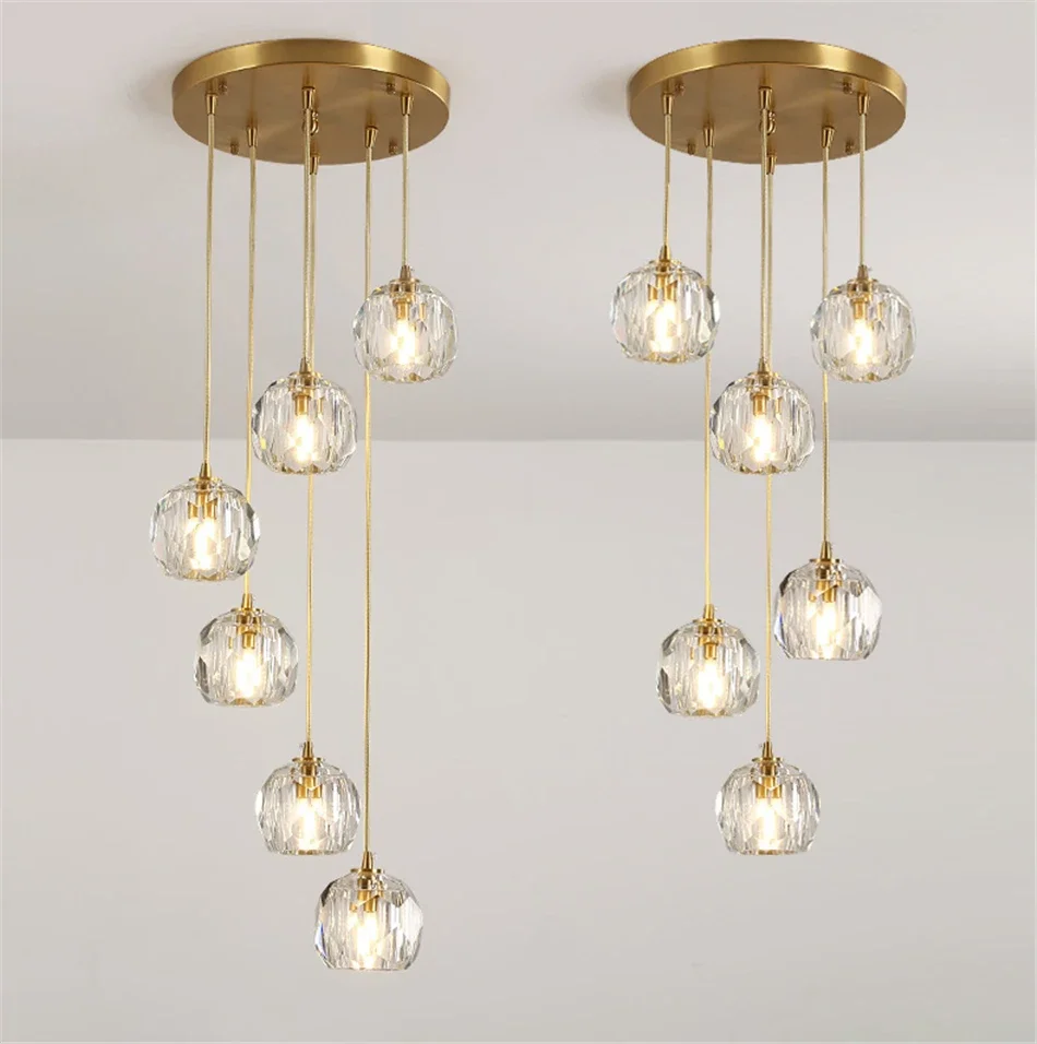 

LED gold color all brass crystal staircase chandelier, ceiling lighting decorative light for living room, dining room, bedroom.