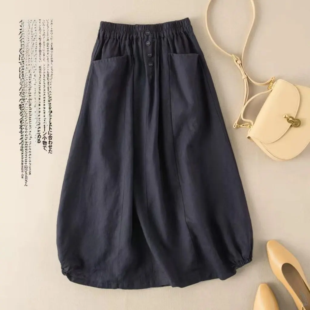

Large Size Retro Skirt for Women Mid-Length High Waist A-Line Slimming Imitation Linen Artistic Elegant Summer New Style