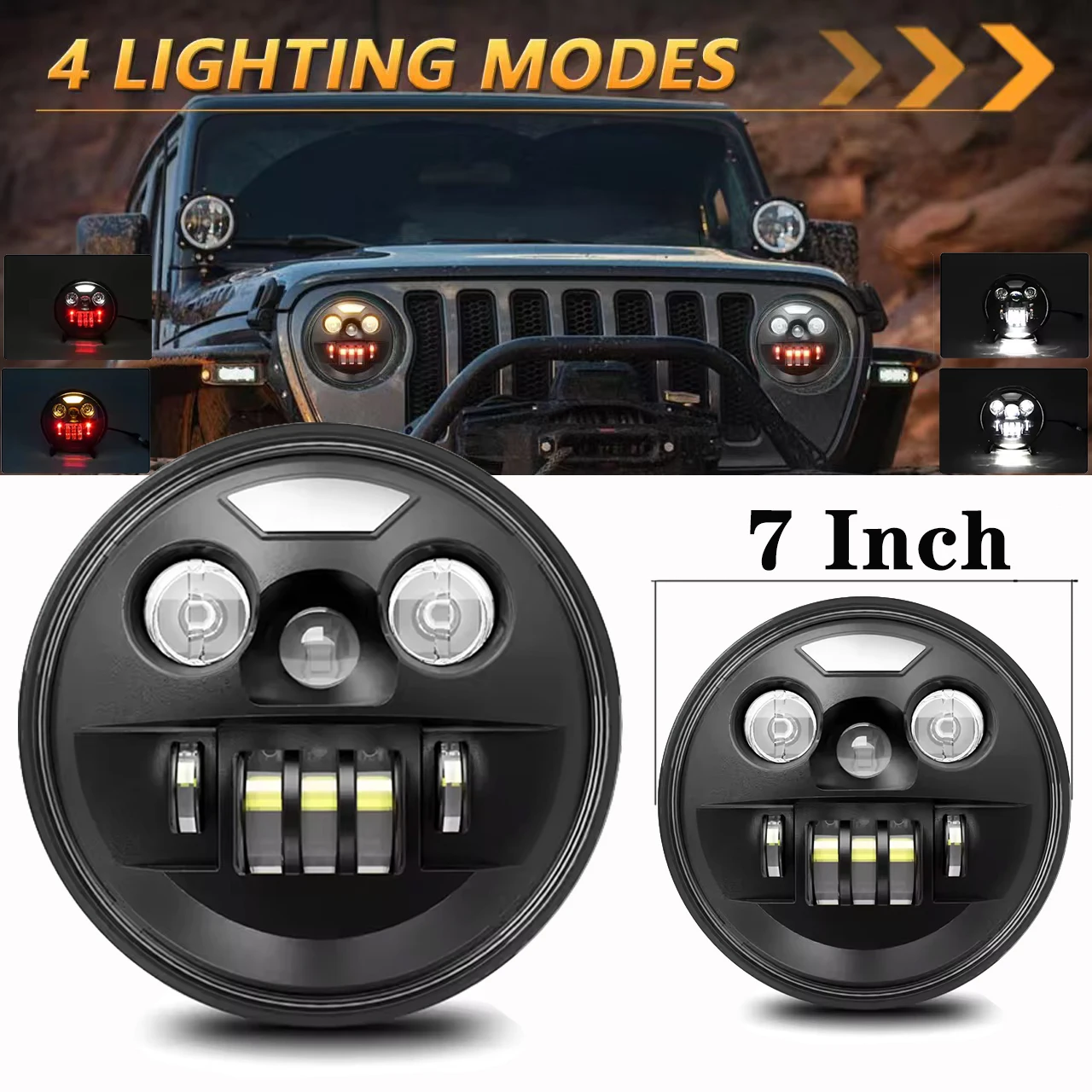 

7 Inch 80W Round LED H4 Angel Eye Car Headlights With Automatic Steering, Suitable For JK TJ 4X4 Wrangler Motorcycle Headlights