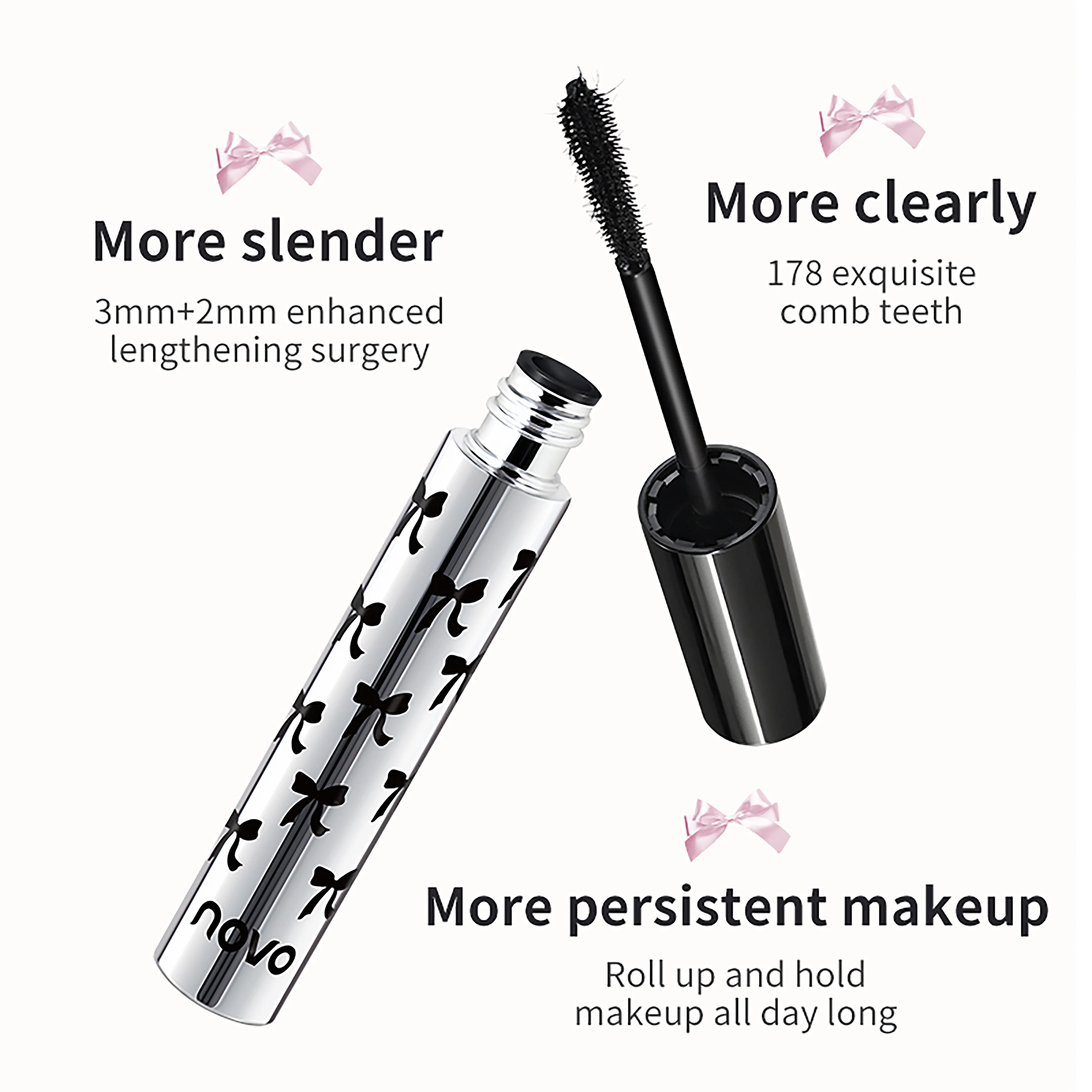 NOVO Waterdichte en zweetbestendige mascara, verlenging zonder klonteren, volume geven en krullen, veegvast.