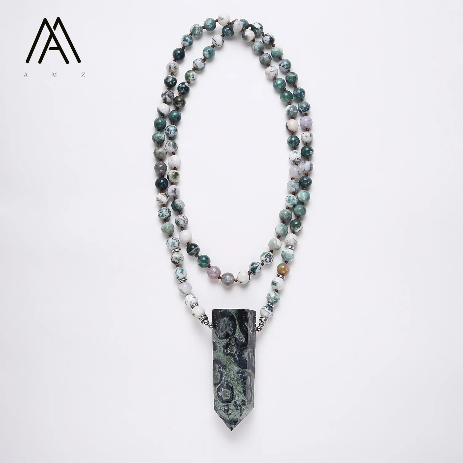 Fashion Bohemian Jewelry Natural Stone Hand-Knotted Tree Agate Stone Pendant Necklaces Women 108 Beads Mala Beaded Necklace