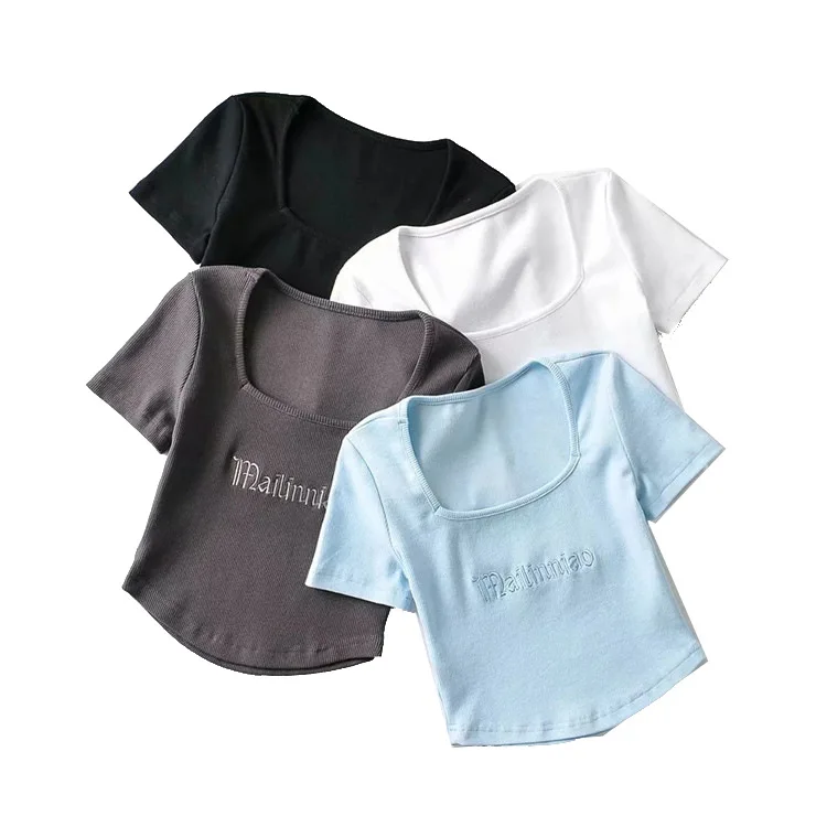 Summer American Retro Embroidered Base Shirt Low Chest Bore Hole Short Sleeve Square Collar T-Shirt High Waist Top