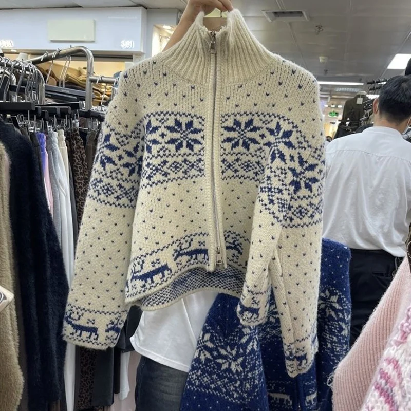 Korean Autumn Winter Sweet All-match Loose Zipper Sweater Cardigan Women Clothing Preppy Style Printing Half Height Collar Coat
